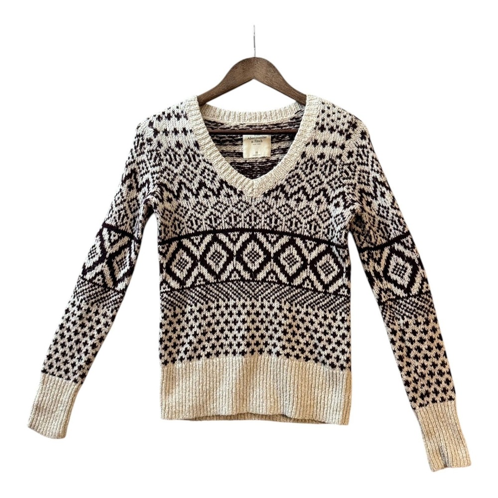 Abercrombie Fitch Womens Nordic Fair Isle Sweater XS Beige Maroon Knit Geometric